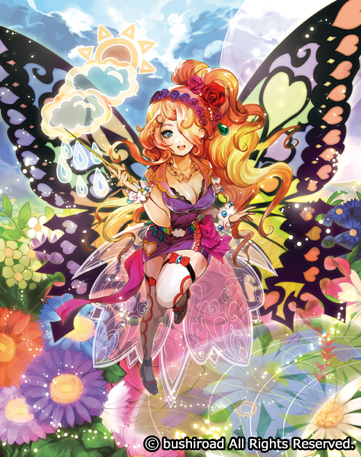 1girl blonde_hair blue_eyes breasts butterfly_wings cardfight!!_vanguard cleavage clouds company_name copyright_name curly_hair flower hair_flower hair_ornament hair_over_one_eye leaf long_hair moreshan official_art open_mouth side_ponytail sky solo sparkle teeth thigh-highs wand weather_girl_shake wings