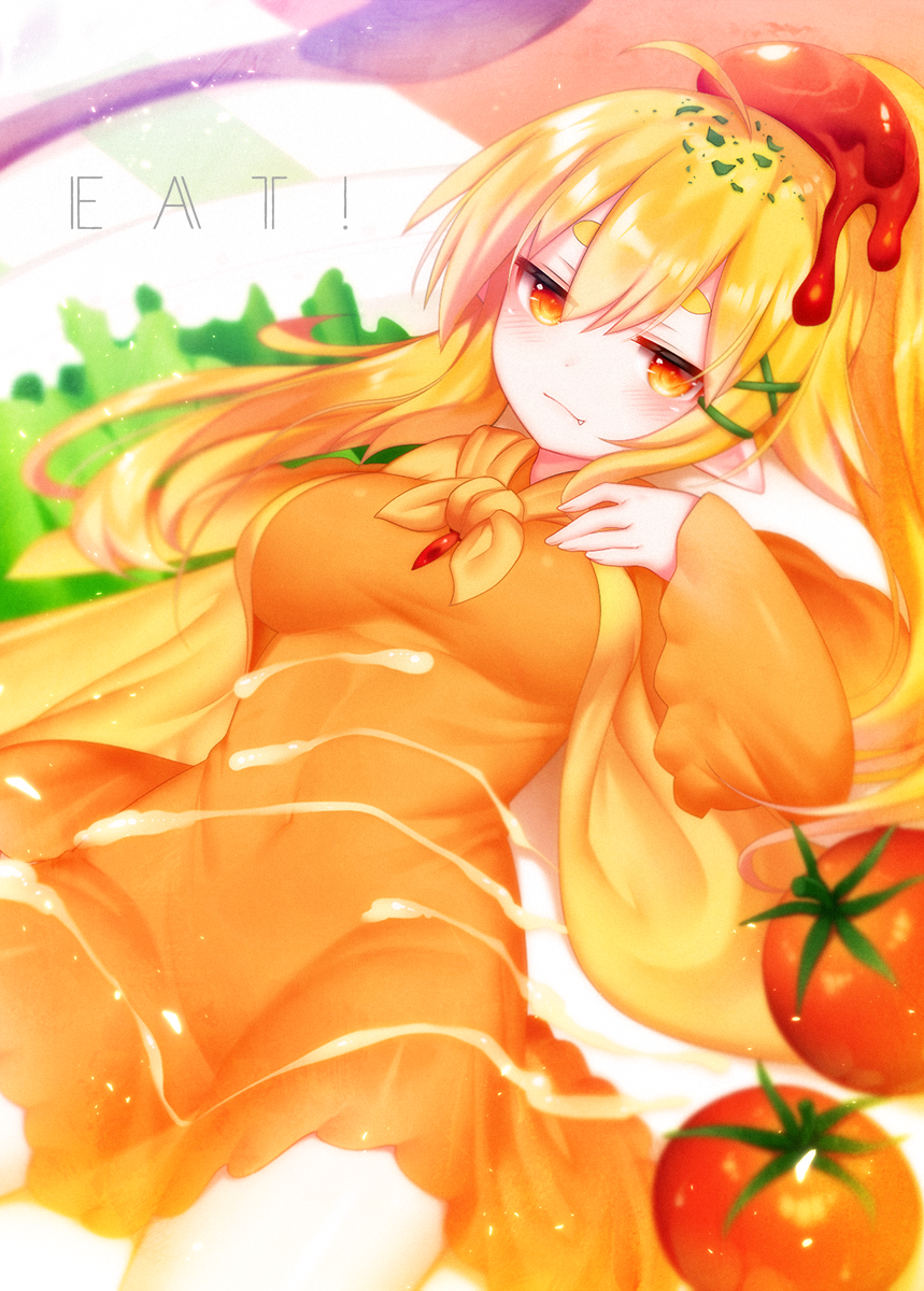 1girl ahoge blonde_hair blush covered_navel dress eyebrows food highres long_hair long_sleeves looking_at_viewer mofuaki orange_dress orange_eyes original pointy_ears salad solo tomato