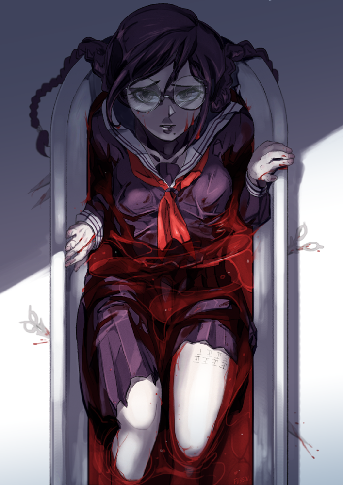 1girl bathtub black_hair blood braid dangan_ronpa dangan_ronpa_1 from_above fukawa_touko gegenanz glasses long_hair looking_at_viewer red_eyes school_uniform serafuku skirt solo twin_braids