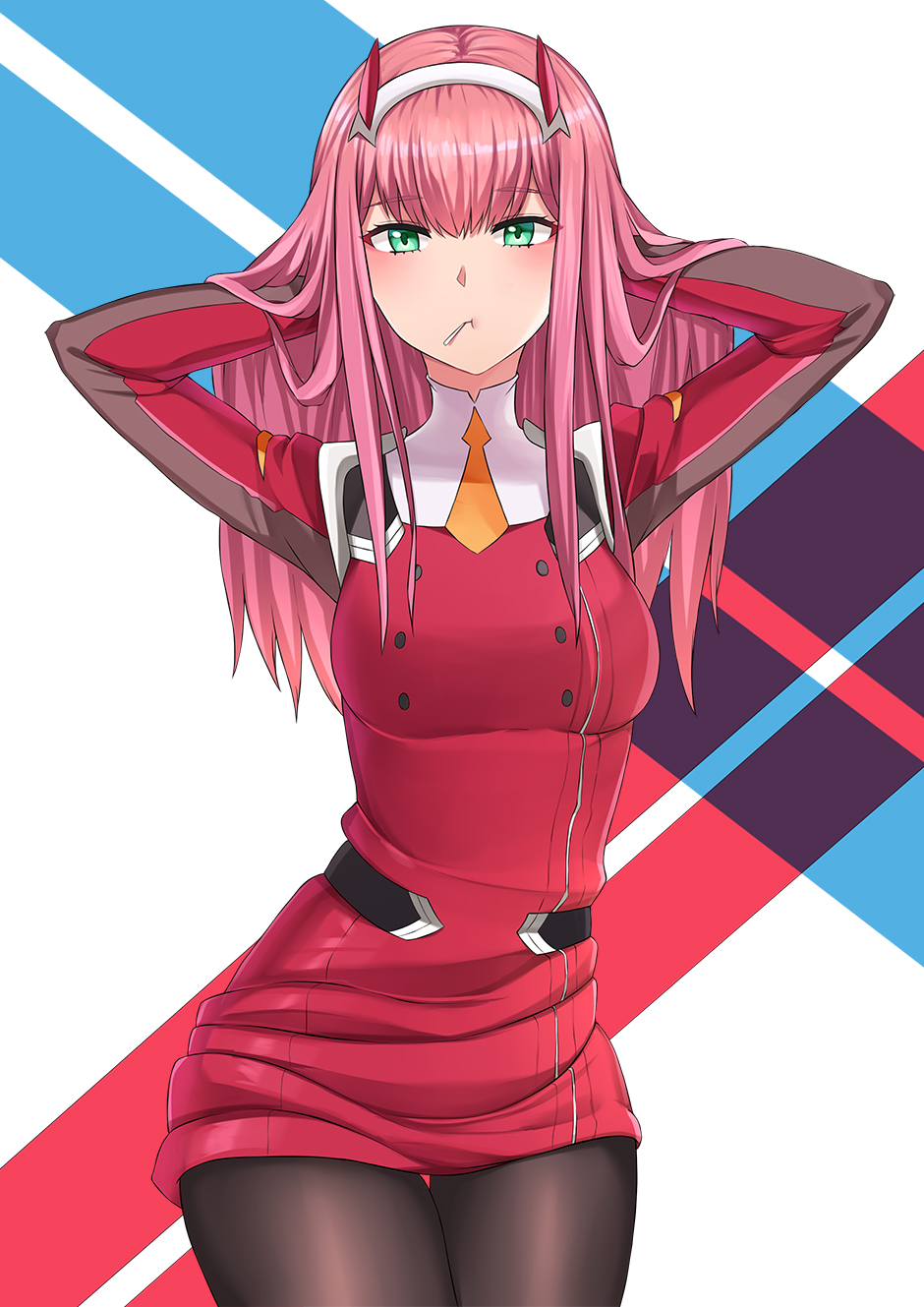 1girl aori_sora bangs black_legwear blush breasts commentary_request cowboy_shot darling_in_the_franxx dress eyebrows_visible_through_hair eyeshadow green_eyes hairband hands_in_hair hands_up highres horns long_hair long_sleeves looking_at_viewer makeup medium_breasts mouth_hold necktie orange_neckwear pantyhose pink_hair red_dress short_dress solo standing thigh_gap uniform zero_two_(darling_in_the_franxx)
