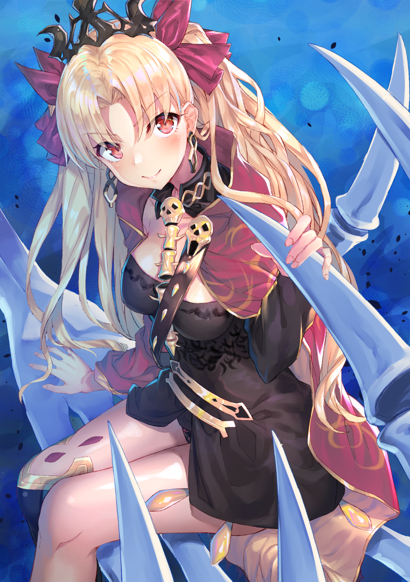 1girl arm_support bangs belt black_dress black_panties blonde_hair blush bow breasts cape cleavage cowboy_shot crown detached_collar dress earrings ereshkigal_(fate/grand_order) eyebrows_visible_through_hair eyes_visible_through_hair fate/grand_order fate_(series) hair_bow hakuishi_aoi holding jewelry long_hair looking_away panties pantyshot parted_bangs red_eyes short_dress single_thighhigh sitting skeletal_hand smile thigh-highs thighs twintails underwear