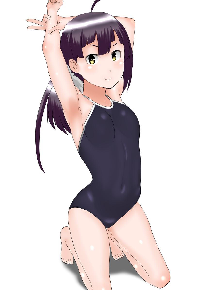 1girl 30-06 ahoge arms_up bangs bare_shoulders barefoot black_hair black_swimsuit blunt_bangs competition_school_swimsuit fujinami_(kantai_collection) hair_ribbon highres kantai_collection kneeling long_hair looking_at_viewer ribbon school_swimsuit simple_background smile solo swimsuit white_background yellow_eyes