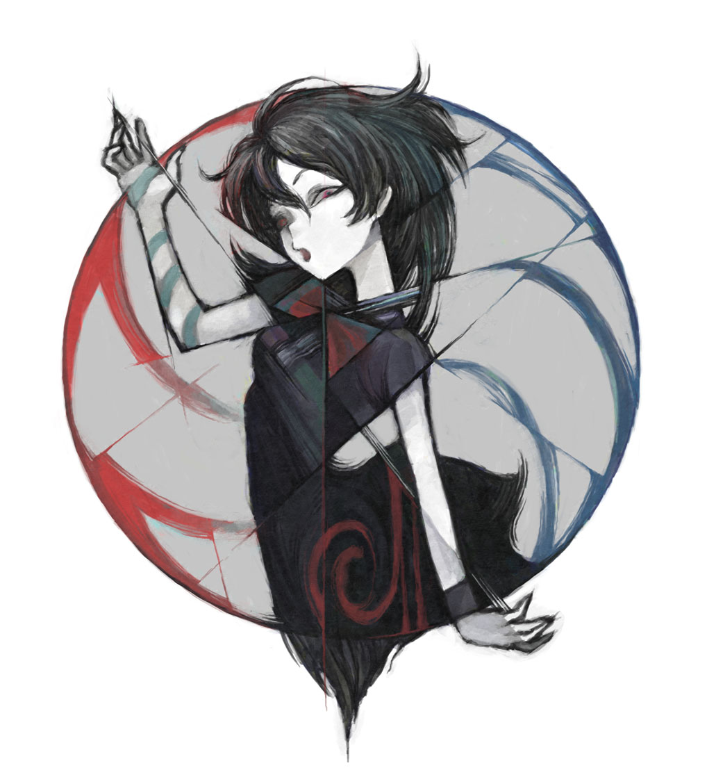 1girl abstract arm_up ashitano_kirin asymmetrical_wings black_dress black_hair bow breasts circle dress hair_between_eyes head_tilt houjuu_nue looking_at_viewer open_mouth pale_face pale_skin red_bow solo touhou white_background wings