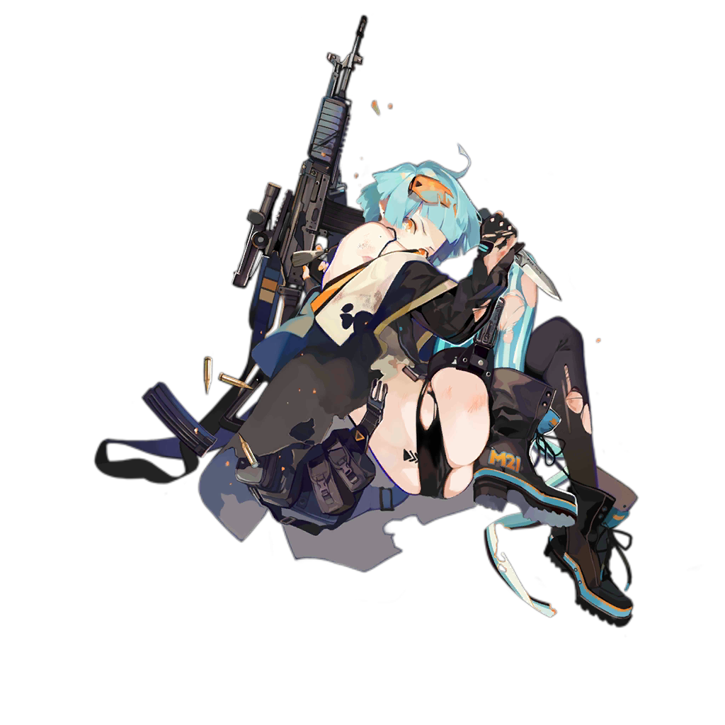 1girl asymmetrical_legwear back_tattoo black_panties blue_hair boots fingerless_gloves from_behind full_body girls_frontline gloves grenade_launcher gun knife looking_at_viewer looking_back nineo official_art orange_eyes panties rifle simple_background tattoo thigh-highs torn_clothes torn_thighhighs tramp_stamp underwear weapon zas_m21_(girls_frontline) zastava_m21
