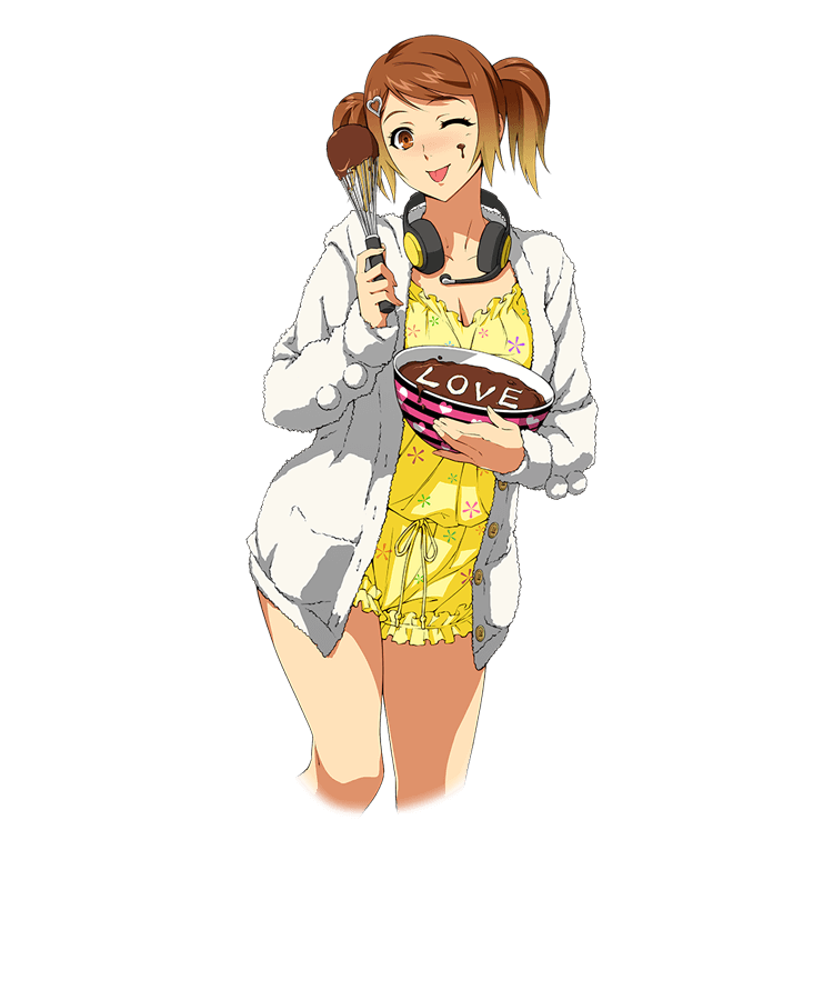 1girl blush bowl brown_eyes brown_hair coat hair_ornament headphones headphones_around_neck heart_hair_ornament holding legs_crossed long_sleeves looking_at_viewer messy nose_blush official_art olive_oppert one_eye_closed open_clothes open_coat short_twintails solo super_robot_wars super_robot_wars_x-omega transparent_background twintails unbuttoned watanabe_wataru