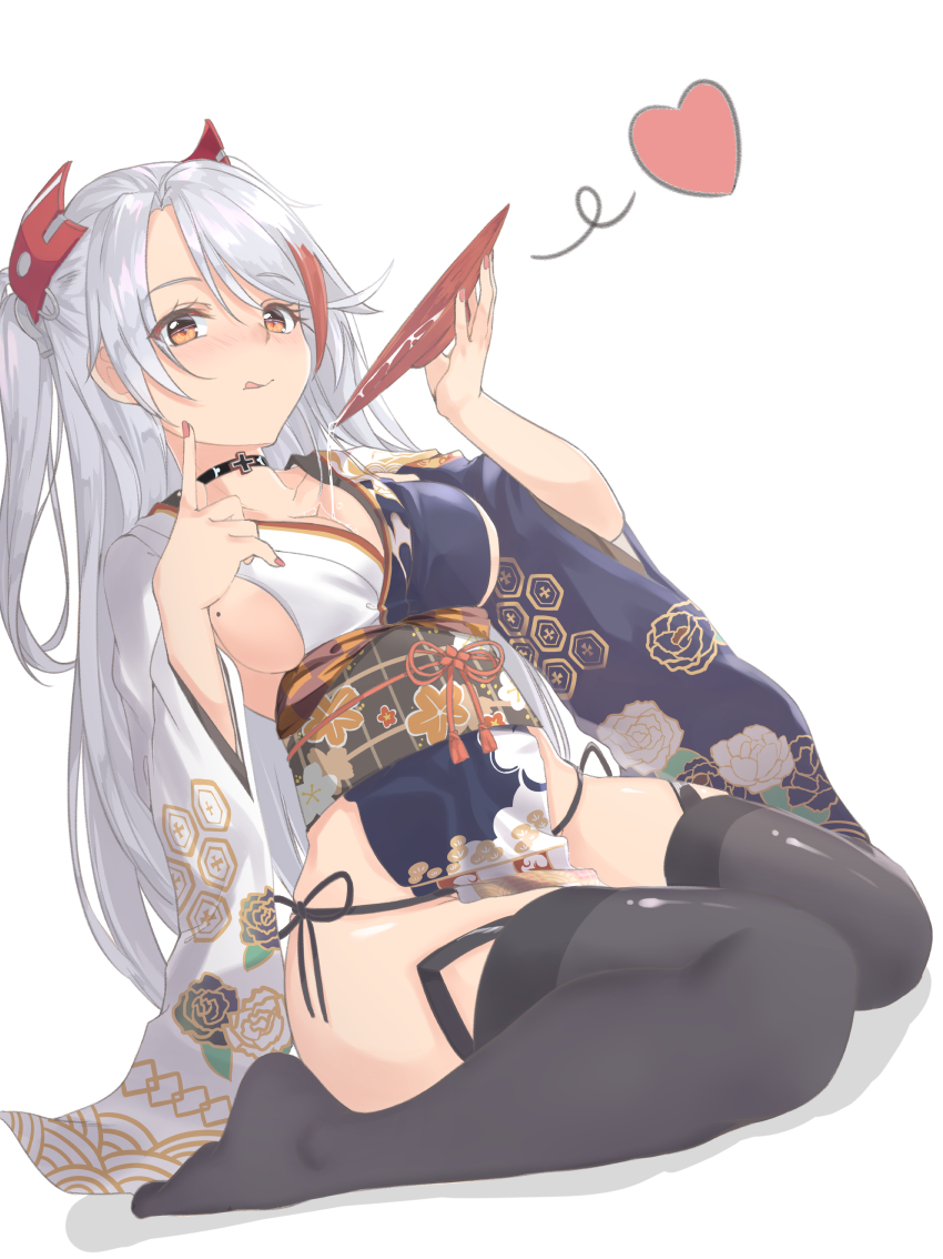 1girl :q alcohol azur_lane bangs black_choker black_legwear black_panties blue_kimono breasts choker cleavage closed_mouth cup dutch_angle floral_print headgear heart holding holding_cup index_finger_raised iron_cross japanese_clothes kimono large_breasts long_hair long_sleeves looking_at_viewer mole mole_on_breast multicolored_hair nail_polish no_shoes orange_eyes panties pink_nails prinz_eugen_(azur_lane) red_eyes redhead sakazuki sake shiny shiny_hair side-tie_panties sideboob silver_hair smile solo streaked_hair swept_bangs thigh-highs tiasis tongue tongue_out two-tone_hair two_side_up underwear very_long_hair wide_sleeves