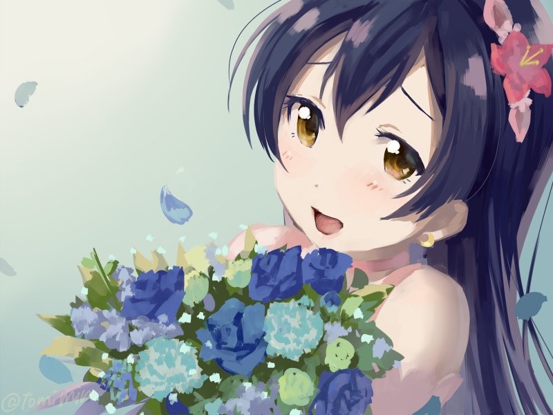 1girl bangs blue_hair bokutachi_wa_hitotsu_no_hikari bouquet close-up commentary_request earrings flower hair_flower hair_ornament holding holding_bouquet jewelry long_hair looking_at_viewer love_live! love_live!_school_idol_project petals simple_background smile solo sonoda_umi tomiwo yellow_eyes