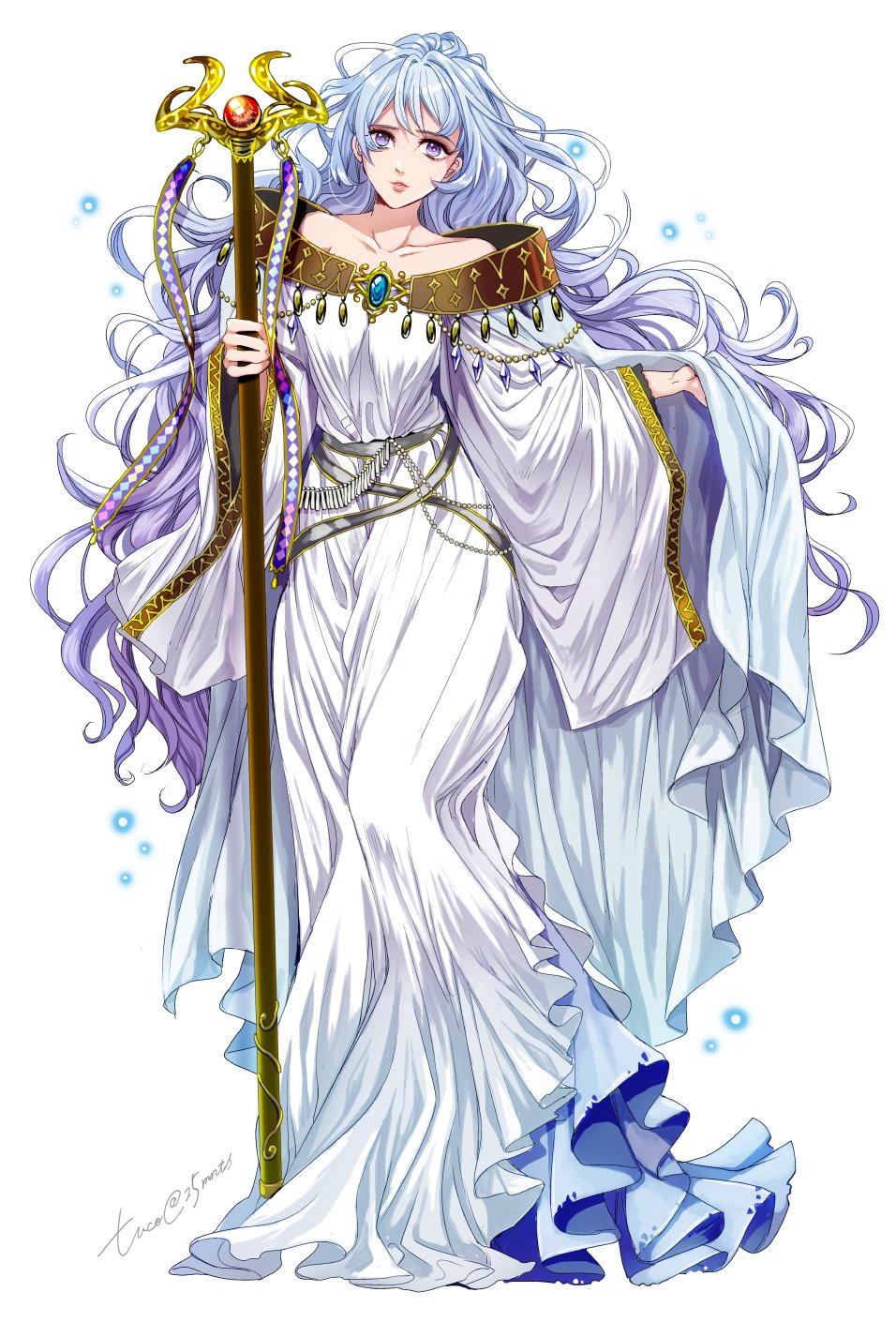 1girl brooch diadora_(fire_emblem) dress fire_emblem fire_emblem:_seisen_no_keifu highres holding jewelry long_hair looking_at_viewer simple_background solo staff tsuko_(25mnts) violet_eyes wavy_hair white_background white_dress white_hair