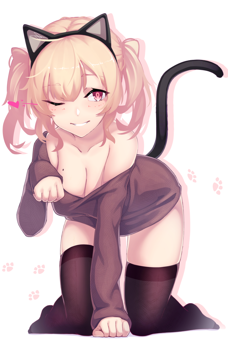 1girl all_fours animal_ears bangs bare_shoulders black_hairband black_legwear black_sweater blonde_hair blush breasts cat_ears cat_tail cleavage collarbone dev dress eyebrows_visible_through_hair fake_animal_ears foreshortening full_body hairband hanging_breasts highres large_breasts long_sleeves looking_at_viewer medium_hair mole mole_on_breast no_shoes off-shoulder_sweater one_eye_closed original paw_background paw_pose red_eyes shiny shiny_hair sleeves_past_wrists solo sweater sweater_dress tail tareme thigh-highs twintails white_background zettai_ryouiki