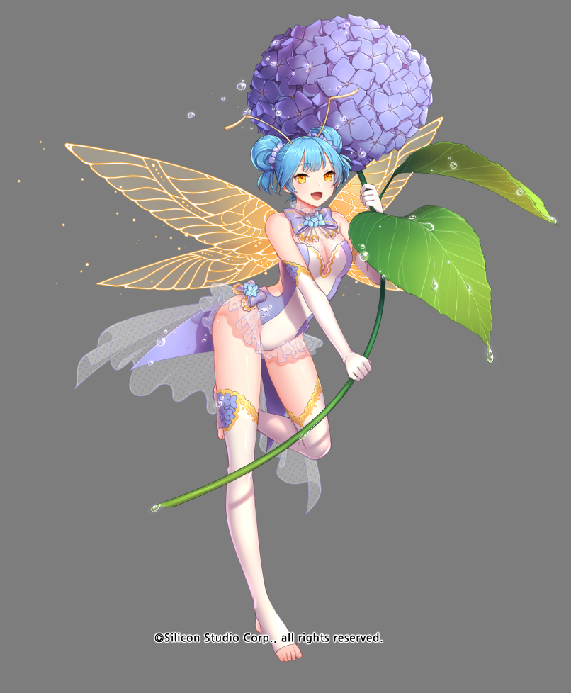 1girl antennae barefoot_sandals blue_hair bodysuit bow bowtie breasts cleavage company_name double_bun fairy fairy_wings fantasy feet flower full_body grey_background gyakushuu_no_fantasica leaf millgua no_shoes official_art open_mouth simple_background solo thigh-highs toeless_legwear toes wings yellow_eyes