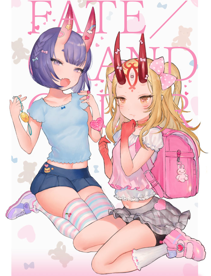 2girls arm_up backpack bag bike_shorts blue_shirt blue_skirt bow braid brown_eyes brown_hair camisole camisole_over_clothes candy crime_prevention_buzzer drooling facial_mark fangs fate/grand_order fate_(series) food forehead_mark grey_skirt hair_bow hand_to_own_mouth holding horns ibaraki_douji_(fate/grand_order) jewelry kneehighs lollipop long_hair microskirt midriff miniskirt miyako_(xxxbibit) multiple_girls navel oni oni_horns open_mouth pink_camisole purple_hair randoseru ribbon ring shirt shoes short_hair short_shorts shorts shorts_under_skirt shuten_douji_(fate/grand_order) sitting skirt smile sneakers sticker striped striped_legwear thigh-highs two_side_up violet_eyes white_legwear white_shirt zettai_ryouiki