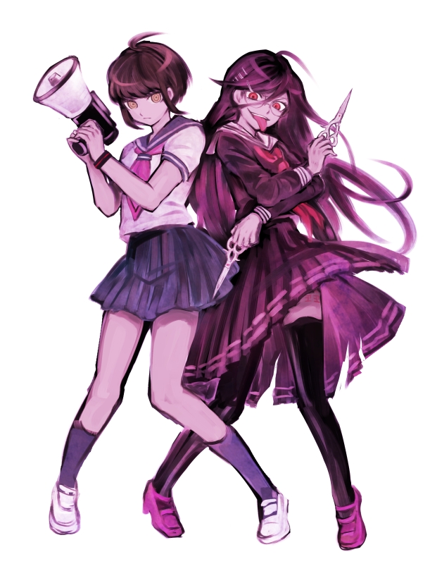 2girls ahoge blue_skirt brown_hair dangan_ronpa full_body genocider_shou long_hair looking_at_viewer megaphone miniskirt multiple_girls naegi_komaru pleated_skirt school_uniform scissors serafuku short_hair skirt thigh-highs yellow_eyes zettai_zetsubou_shoujo