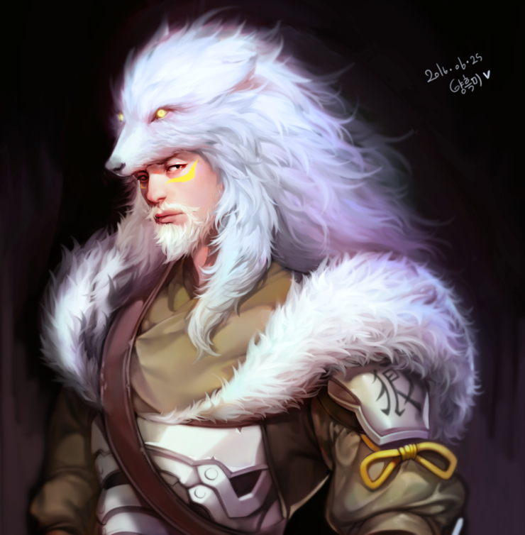 1boy alternate_costume beard dated facial_hair facial_mark fur_trim hanzo_(overwatch) lone_wolf_hanzo looking_at_viewer male_focus overwatch simple_background solo upper_body white_hair wolf_hood yang_hm