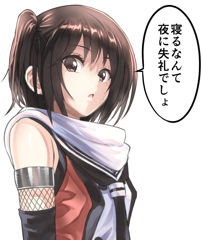 1girl brown_eyes brown_hair commentary_request kantai_collection open_mouth remodel_(kantai_collection) scarf school_uniform sendai_(kantai_collection) serafuku short_hair simple_background solo speech_bubble tooi_aoiro translation_request two_side_up white_background white_scarf