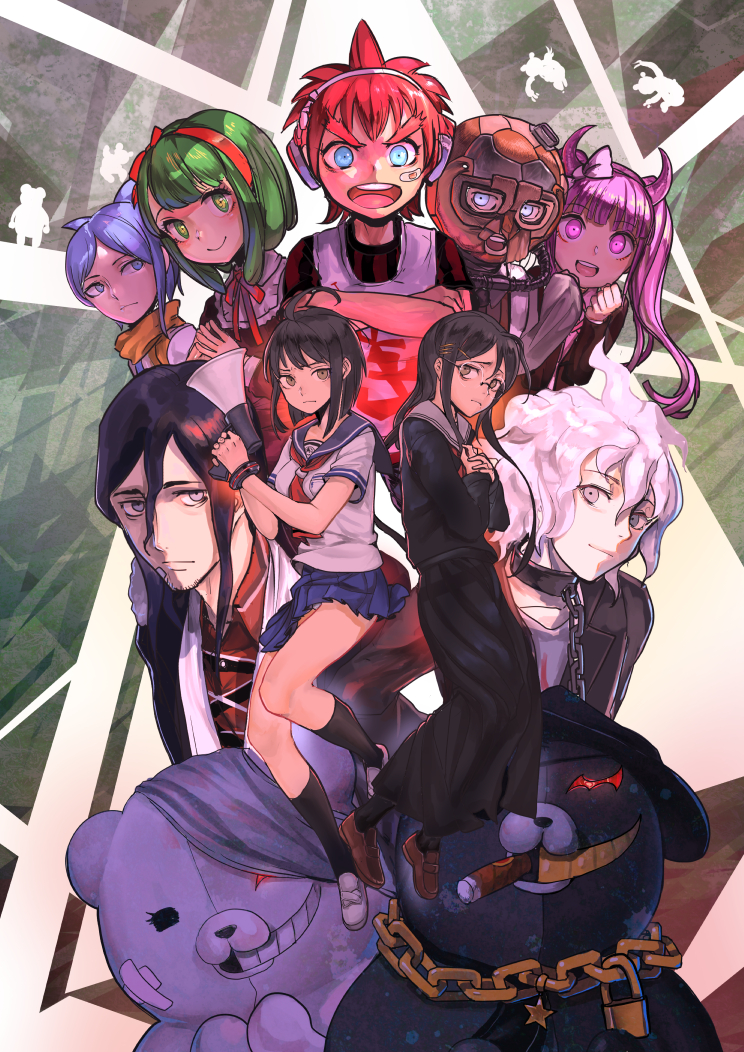 4boys 5girls ahoge blue_eyes blue_hair braid brown_hair daimon_masaru_(dangan_ronpa) dangan_ronpa fukawa_touko green_eyes green_hair hairband kemuri_jatarou komaeda_nagito kurokuma_(dangan_ronpa) long_hair monaka_(dangan_ronpa) monokuma multiple_boys multiple_girls naegi_komaru nuda pink_eyes pink_hair red_eyes redhead scarf school_uniform serafuku shingetsu_nagisa shirokuma_(dangan_ronpa) short_hair skirt smile tongue tongue_out twin_braids twintails utsugi_kotoko very_long_hair zettai_zetsubou_shoujo