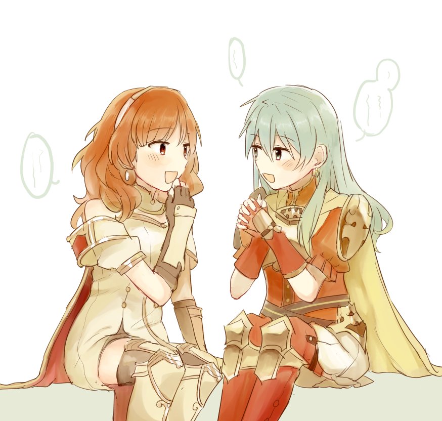 2girls aqua_hair armor blue_eyes blue_hair blush cape celica_(fire_emblem) dress earrings eirika fingerless_gloves fire_emblem fire_emblem:_seima_no_kouseki fire_emblem_echoes:_mou_hitori_no_eiyuuou fire_emblem_gaiden fire_emblem_heroes gloves intelligent_systems jewelry long_hair multiple_girls nintendo open_mouth pasu red_eyes redhead skirt smile thigh-highs tiara weapon