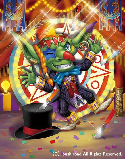 1boy blue_eyes boots bow bowtie braid cardfight!!_vanguard company_name copyright_name curtains dagger earrings facial_mark fangs formal goblin green_skin hat hat_removed headwear_removed immortal_target jewelry misa_tsutsui official_art one_eye_closed orange_hair pointy_ears solo sparkle suit teeth weapon