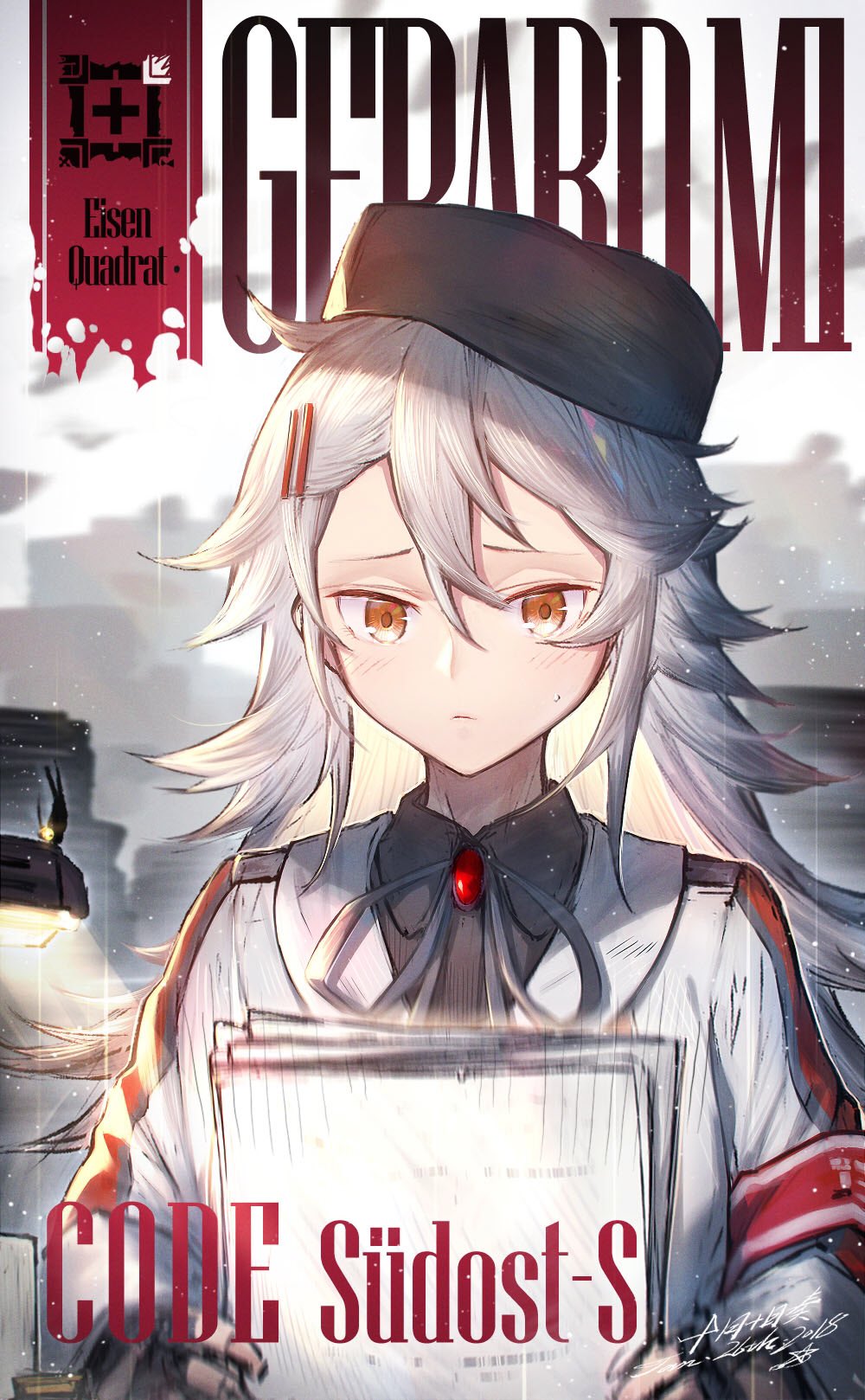 1girl ahoge bangs black_gloves blush brown_eyes character_name cityscape closed_mouth collared_shirt cowboy_shot cropped_legs dated double-breasted frown gepard_m1_(girls_frontline) girls_frontline gloves grey_ribbon grey_shirt hair_between_eyes hair_ornament hairclip hat heiwari_kanade highres holding holding_paper jacket light long_hair looking_at_viewer messy_hair military military_jacket military_uniform outdoors paper shirt sidelocks signature silver_hair skirt smile snow snowing solo sweatdrop uniform very_long_hair