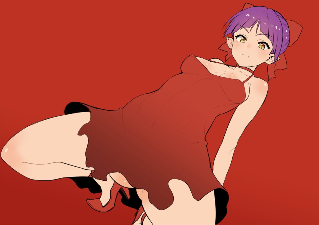 bare_shoulders dress fang gegege_no_kitarou high_heels looking_at_viewer looking_down nekomusume nuezou pointy_ears purple_hair red red_dress short_hair squatting thighs yellow_eyes