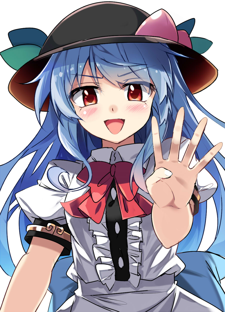 1girl :d blue_hair blush bow bowtie breasts collared_shirt commentary_request date_pun e.o. eyebrows_visible_through_hair fingers food food_on_head frills fruit fruit_on_head hat highres hinanawi_tenshi leaf long_hair medium_breasts neck_bow number_pun object_on_head open_mouth peach puffy_short_sleeves puffy_sleeves red_bow red_eyes red_neckwear shirt short_sleeves simple_background smile smug solo touhou upper_body v-shaped_eyebrows white_background