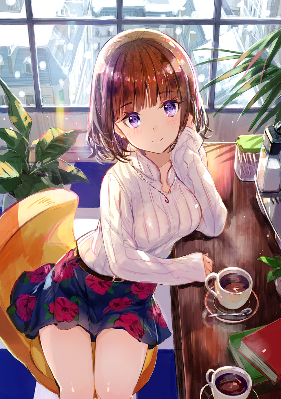 1girl bangs belt blunt_bangs blush book breasts brown_hair checkered checkered_floor closed_mouth coffee commentary_request cup earrings eyebrows_visible_through_hair fuji_choko highres indoors jewelry looking_at_viewer necklace original plant potted_plant short_hair sitting skirt smile snow solo sweater violet_eyes window