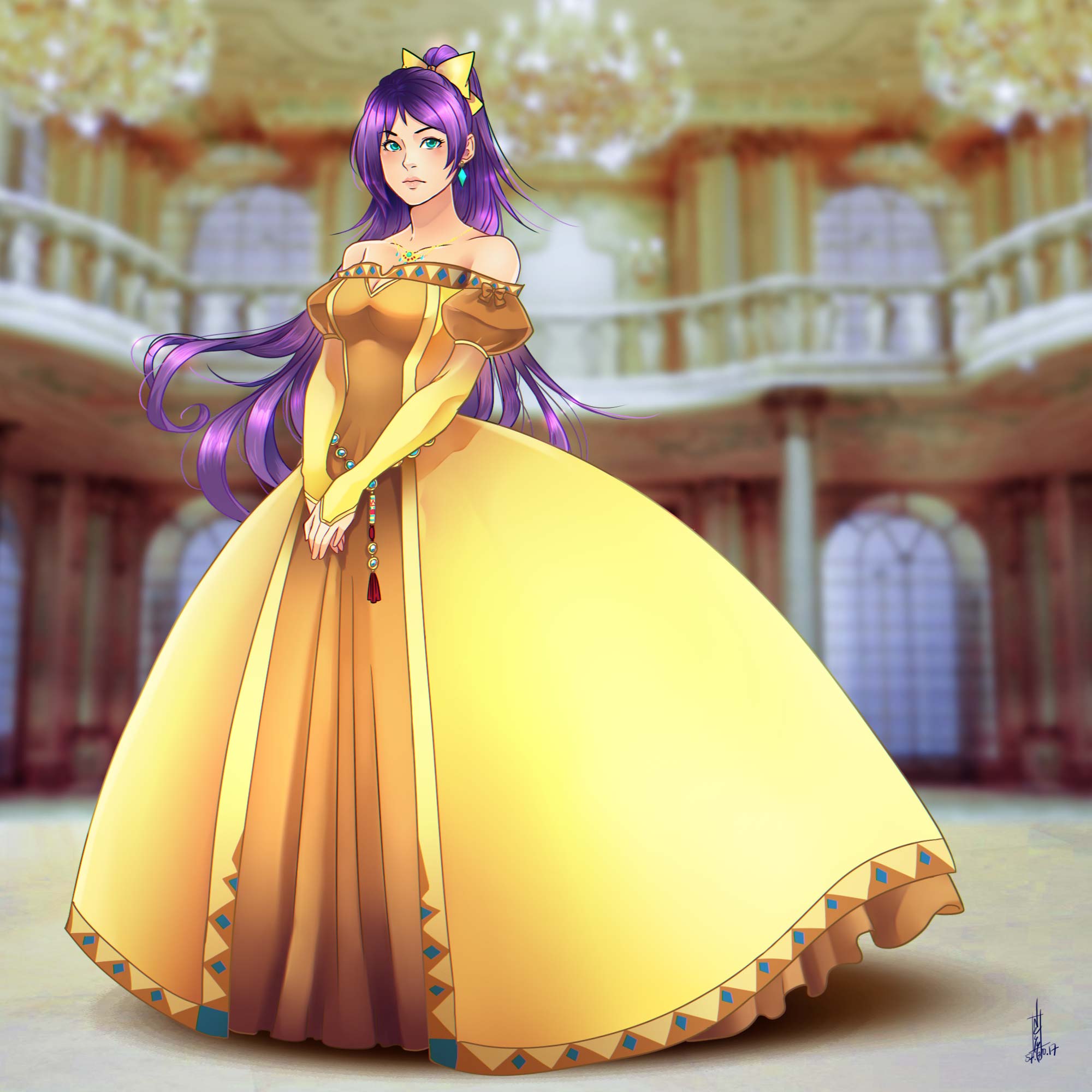 1girl aqua_eyes bare_shoulders blue_eyes blurry blurry_background bow closed_mouth dress faris_scherwiz final_fantasy final_fantasy_v full_body gown hair_bow high_ponytail highres jewelry long_hair necklace ponytail princess princesssarisa sarisa_highwind_tycoon signature solo v_arms very_long_hair yellow_bow yellow_dress