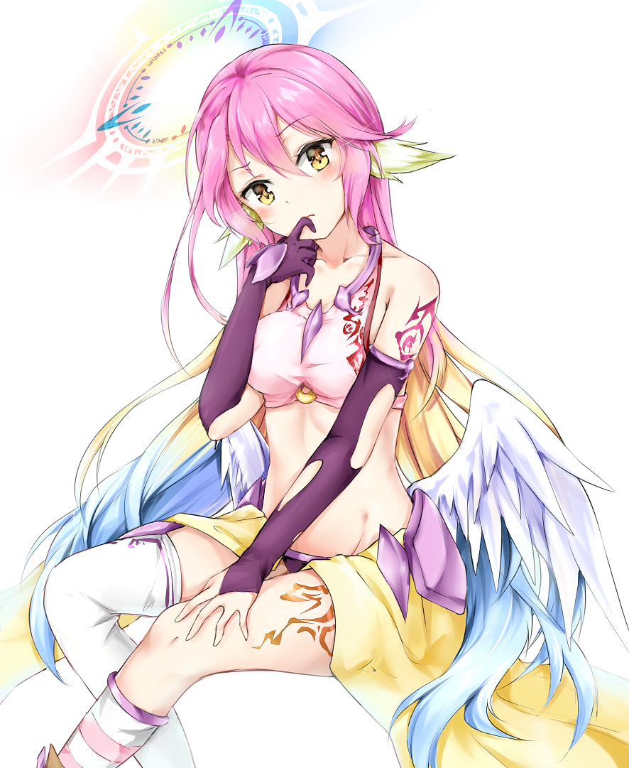 1girl arm_tattoo bare_shoulders blonde_hair blue_hair blush breasts closed_mouth elbow_gloves eyebrows_visible_through_hair finger_to_mouth gloves groin hair_between_eyes halo hand_on_own_leg head_tilt ikasoke_(likerm6au) jibril_(no_game_no_life) leg_tattoo long_hair looking_at_viewer low_wings medium_breasts mismatched_legwear navel no_game_no_life pink_hair purple_bikini_bottom purple_gloves sitting solo tattoo thigh-highs very_long_hair white_background white_legwear white_wings wings yellow_eyes