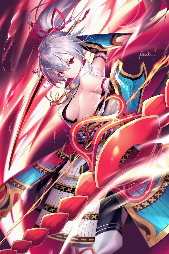 1girl armor arrow black_gloves bow bow_(weapon) breasts elbow_gloves fate/grand_order fate_(series) fire gloves hair_between_eyes hair_ribbon high_collar holding holding_weapon japanese_armor japanese_clothes katana kousaki_rui large_breasts long_hair looking_at_viewer red_eyes ribbon sideboob signature silver_hair solo sword tomoe_gozen_(fate/grand_order) weapon
