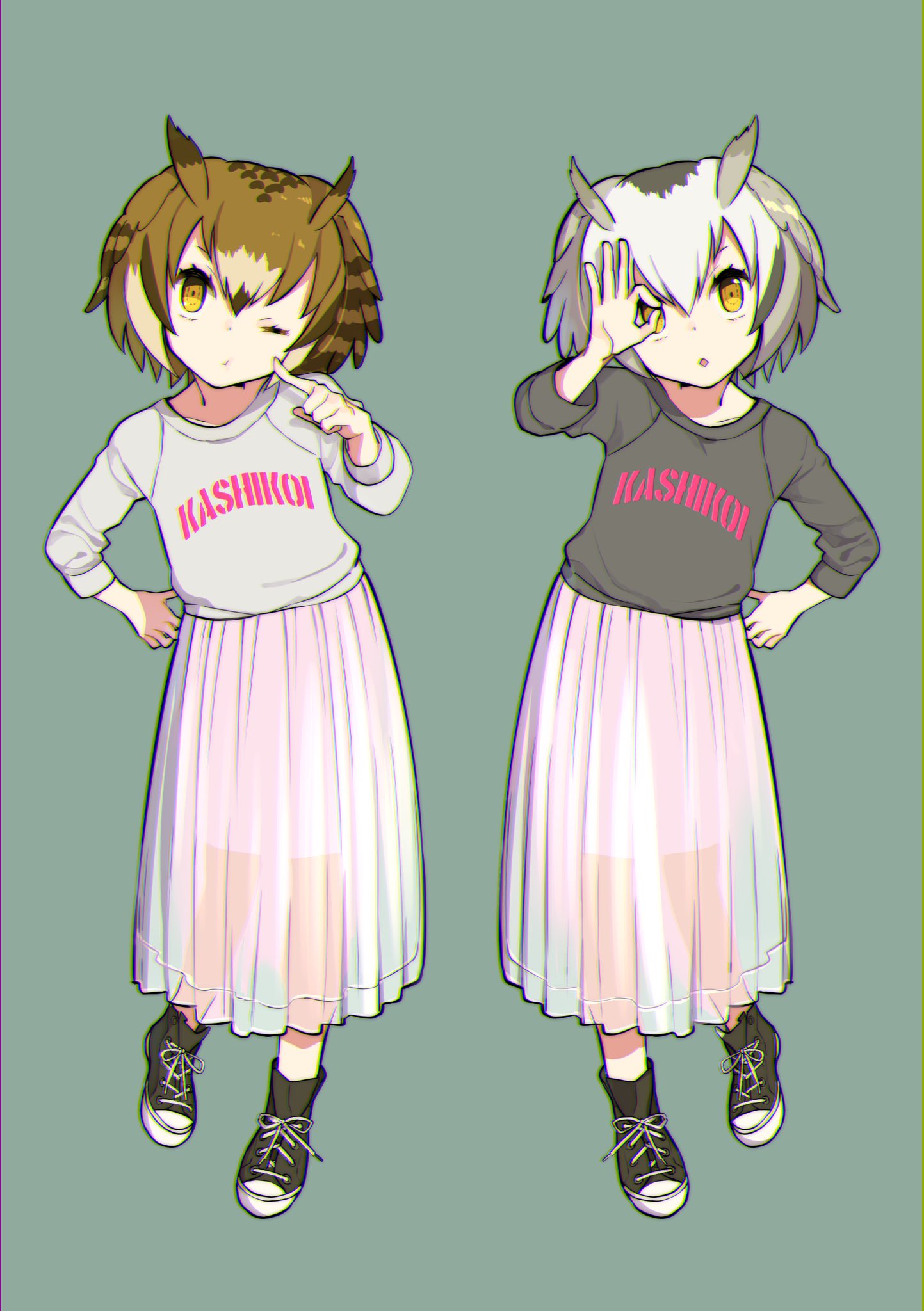 alternate_costume cheek_poking chromatic_aberration eurasian_eagle_owl_(kemono_friends) hands_on_hips highres kemono_friends long_skirt matching_outfit multicolored_hair northern_white-faced_owl_(kemono_friends) omucchan_(omutyuan) one_eye_closed poking see-through shirt shoes skirt sneakers t-shirt