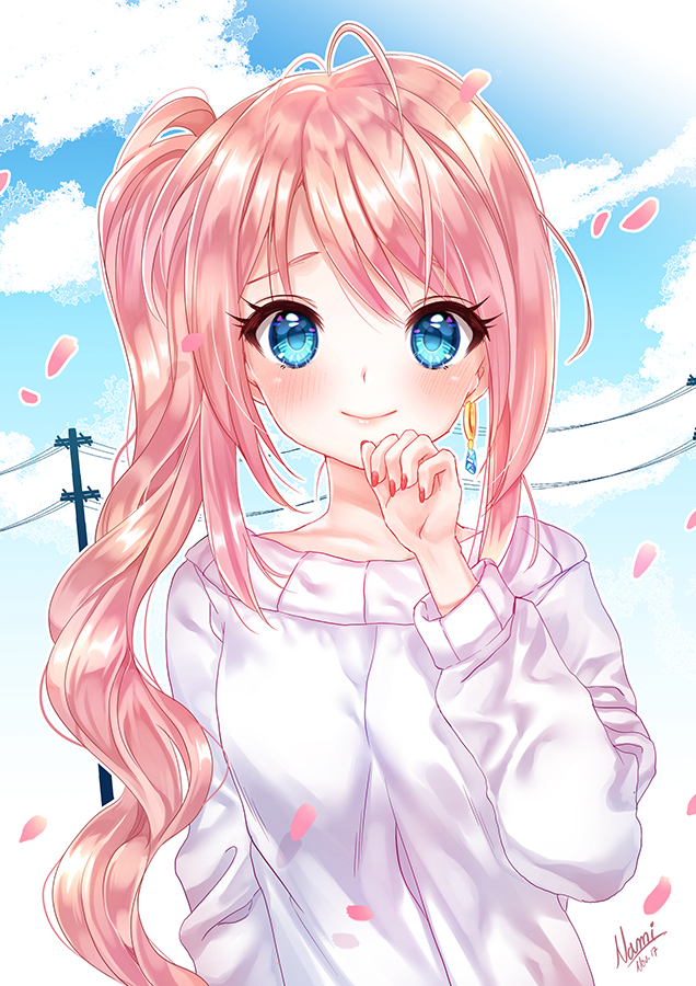 1girl antenna_hair bangs blue_eyes blue_sky closed_mouth clouds collarbone commentary day earrings eyebrows_visible_through_hair fingernails jewelry long_hair long_sleeves looking_at_viewer nail_polish natsumii_chan original outdoors petals pink_hair power_lines red_nails side_ponytail sidelocks sky smile solo sweater telephone_pole very_long_hair white_sweater