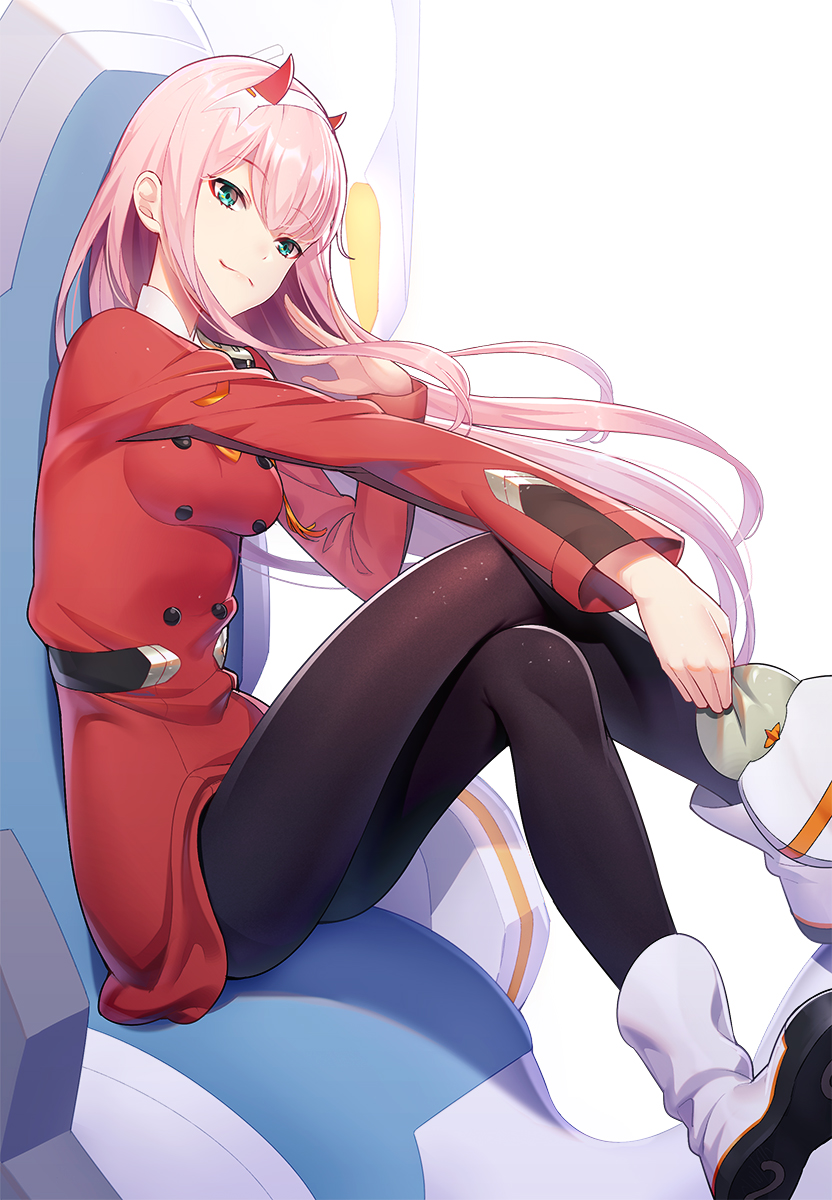 1girl bangs black_legwear boots breasts closed_mouth commentary_request darling_in_the_franxx eyebrows_visible_through_hair green_eyes hair_between_eyes hand_up hat hat_removed head_tilt headwear_removed highres holding holding_hat horns jacket legs_crossed long_hair long_sleeves looking_at_viewer medium_breasts pantyhose peaked_cap pink_hair red_jacket ririko_(zhuoyandesailaer) seat sitting smile solo very_long_hair white_footwear white_hat zero_two_(darling_in_the_franxx)