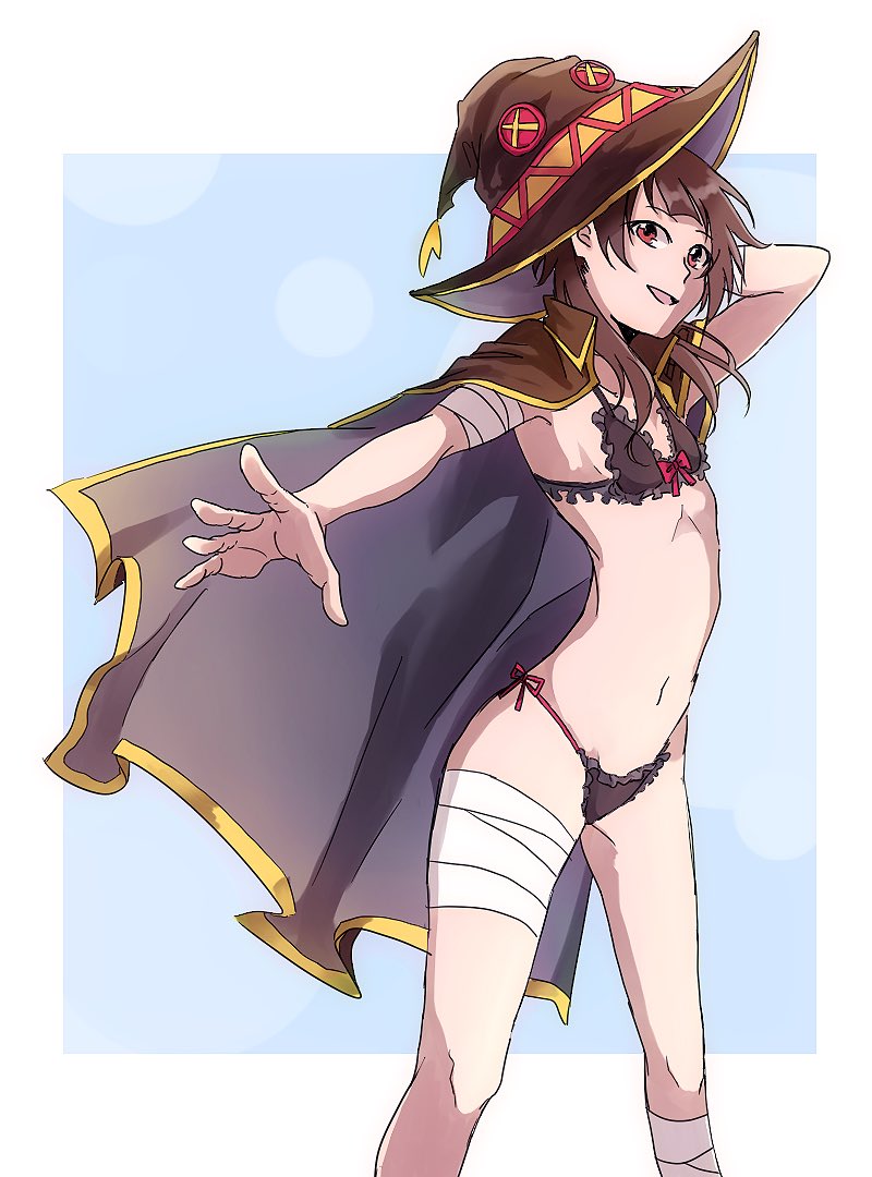 1girl bandage bandaged_leg bikini bikini_top cape collar hat kono_subarashii_sekai_ni_shukufuku_wo! looking_at_viewer megumin navel red_eyes solo swimsuit witch_hat