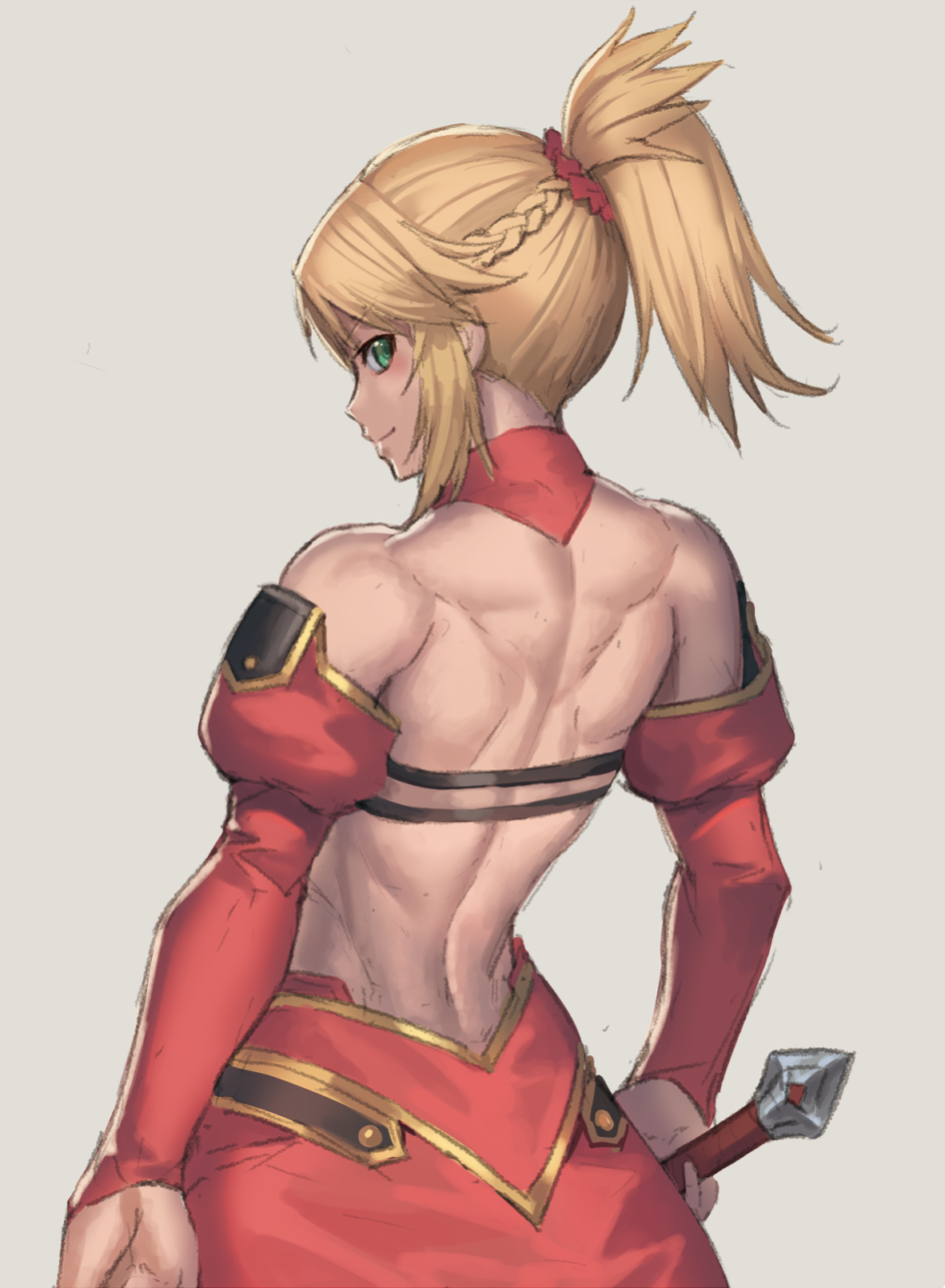 1girl bare_back blonde_hair braid commentary_request detached_sleeves eyebrows_visible_through_hair fate/grand_order fate_(series) french_braid from_behind green_eyes highres mordred_(fate) mordred_(fate)_(all) muscle muscular_female ponytail ranma_(kamenrideroz) scrunchie simple_background smile solo sword_hilt weapon