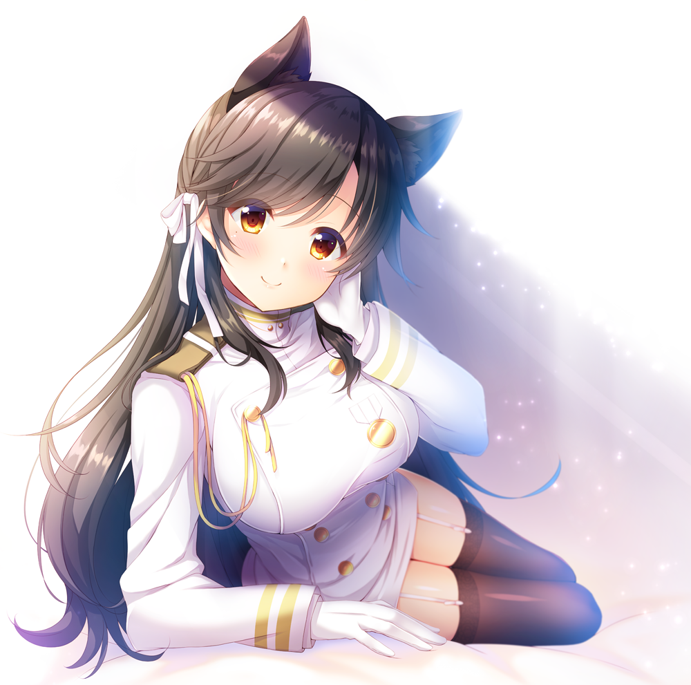 1girl aiguillette arm_support arm_up atago_(azur_lane) azur_lane badge bangs bed_sheet blush breasts brown_hair brown_legwear closed_mouth double-breasted dress eyebrows_visible_through_hair foreshortening full_body garter_straps gloves hair_ribbon hand_on_own_cheek head_tilt large_breasts long_hair long_sleeves looking_at_viewer lying military military_uniform mizukoshi_mayu multicolored multicolored_eyes on_side red_eyes ribbon short_dress smile solo sparkle straight_hair swept_bangs tareme thigh-highs uniform very_long_hair white_dress white_gloves white_ribbon yellow_eyes zettai_ryouiki
