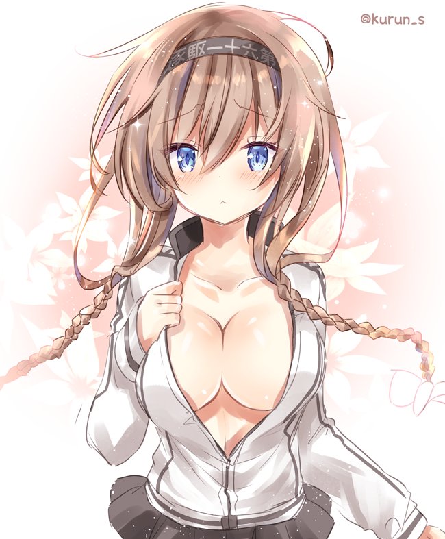 1girl alternate_costume blue_eyes blush breasts clothes_writing collarbone cosplay floral_background grey_jacket grey_skirt hair_ornament hayasui_(kantai_collection) hayasui_(kantai_collection)_(cosplay) headband jacket kantai_collection kurun_(kurun777) large_breasts light_brown_hair long_hair long_sleeves looking_at_viewer open_clothes pink_background pleated_skirt propeller_hair_ornament skirt solo teruzuki_(kantai_collection) twintails twitter_username upper_body