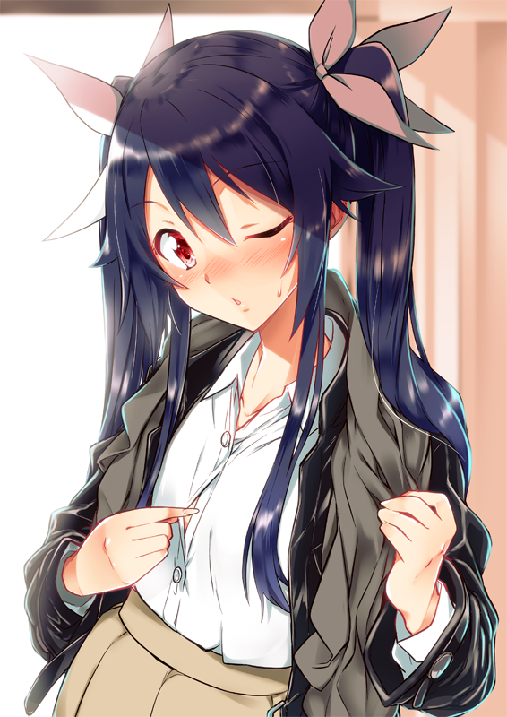 1girl ;o bangs black_jacket blue_hair blush brown_skirt buttons collarbone collared_shirt commentary_request dress_shirt eyebrows_visible_through_hair fingernails flat_chest hair_between_eyes hair_flaps hair_ribbon high-waist_skirt jacket long_hair long_sleeves looking_at_viewer nose_blush one_eye_closed open_clothes open_jacket ore_twintail_ni_narimasu red_eyes ribbon shiny shiny_hair shirt shirt_tucked_in sidelocks skirt solo standing sunlight sweat tsube_aika upper_body white_ribbon white_shirt yuto_(dialique)