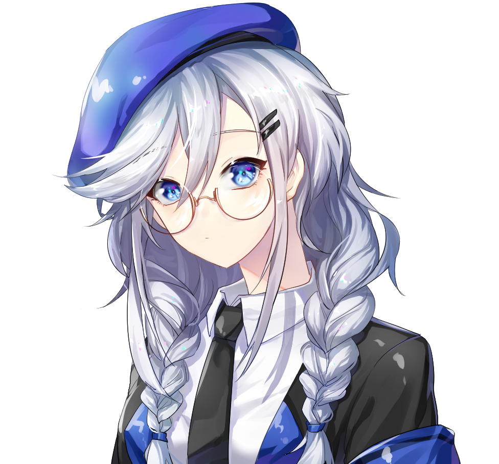 1girl armband beret blue_eyes braid expressionless girls_frontline glasses gwingwin hair_ornament hairclip hat long_hair looking_at_viewer low_twintails necktie seele_(girls_frontline) silver_hair simple_background twintails