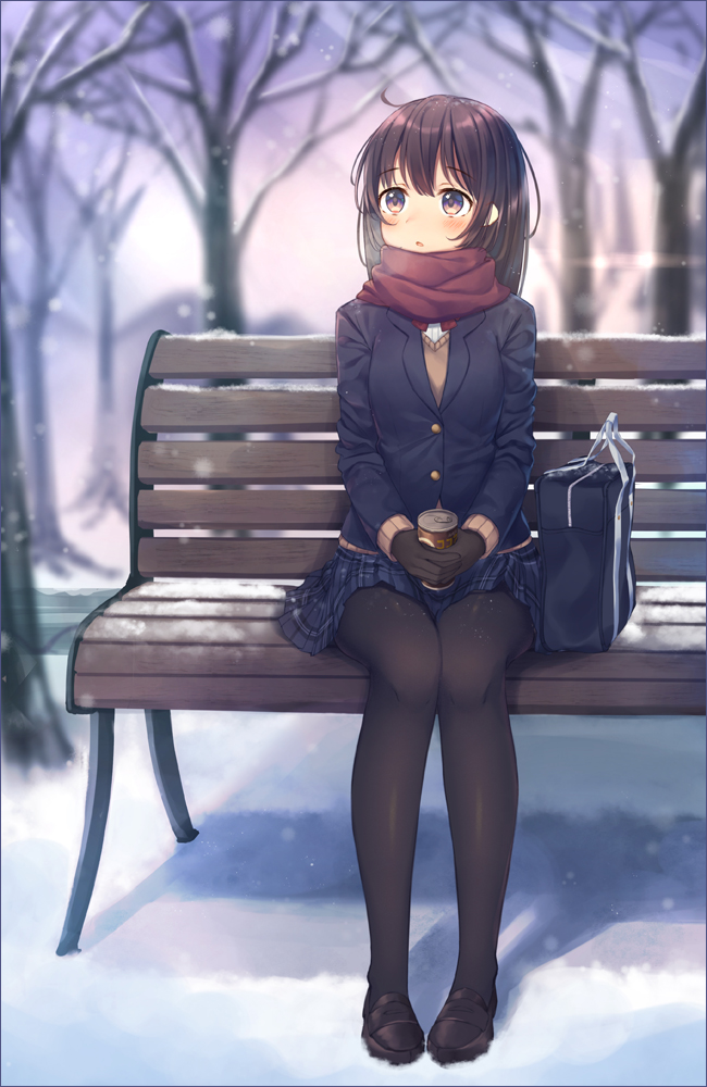 1girl bag bare_tree bench black_footwear black_gloves black_legwear blush breath brown_eyes brown_hair cardigan day gloves kawami_nami loafers long_hair long_sleeves open_mouth original outdoors pantyhose plaid plaid_skirt red_scarf scarf school_bag school_uniform shoes skirt snow snowing solo tree winter