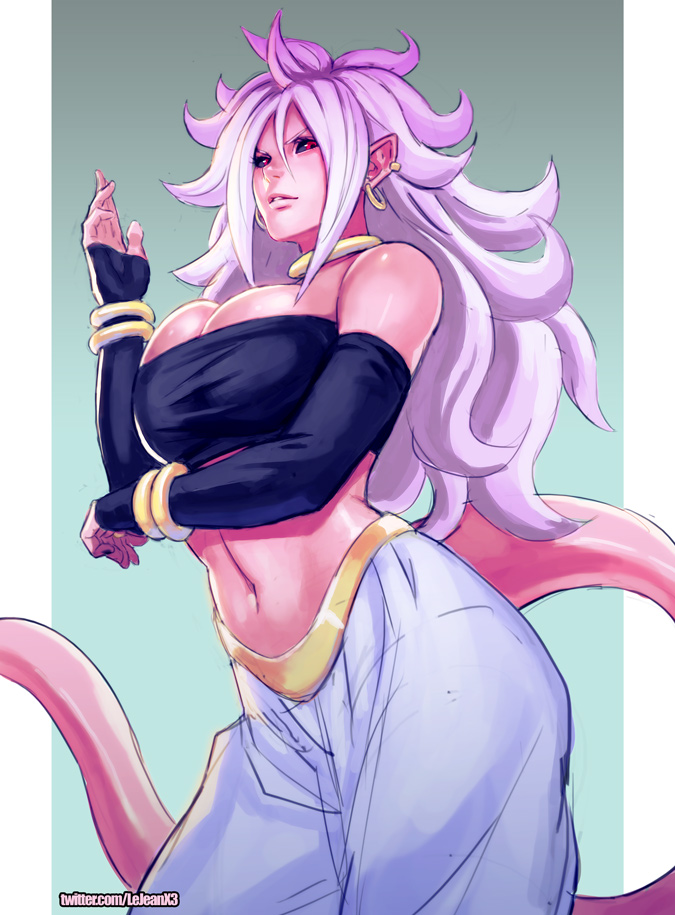 1girl android_21 arm_warmers baggy_pants bare_shoulders black_sclera bracelet breasts choker cleavage dragon_ball dragon_ball_fighterz ear_piercing earrings harem_pants hoop_earrings jewelry large_breasts looking_at_viewer majin_android_21 midriff monster_girl navel pants parted_lips piercing pink_skin pointy_ears red_eyes rejean_dubois solo stomach strapless tail tubetop twitter_username white_hair