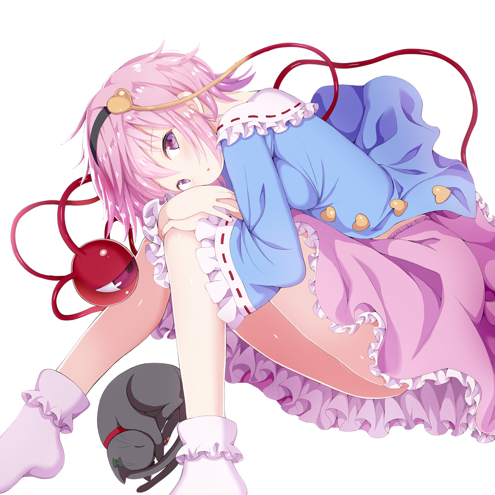 1girl :o ass bare_legs black_hairband blue_shirt bobby_socks breasts frilled_skirt frilled_sleeves frills givuchoko hairband heart kaenbyou_rin kaenbyou_rin_(cat) komeiji_satori looking_at_viewer lying on_side pink_eyes pink_hair pink_legwear pink_skirt ribbon_trim shirt simple_background skirt small_breasts socks solo third_eye touhou white_background