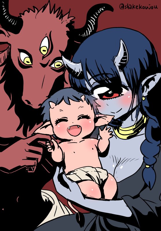 1girl 2boys :d baby blue_dress blue_hair blue_skin blush breasts cleavage closed_eyes closed_mouth collar commentary_request cyclops demon diaper dress earrings eyebrows_visible_through_hair family fangs horns if_they_mated jewelry large_breasts long_sleeves metal_collar monster_girl multiple_boys one-eyed open_mouth original pointy_ears red_background red_eyes shake-o simple_background smile tail third_eye twitter_username yellow_eyes