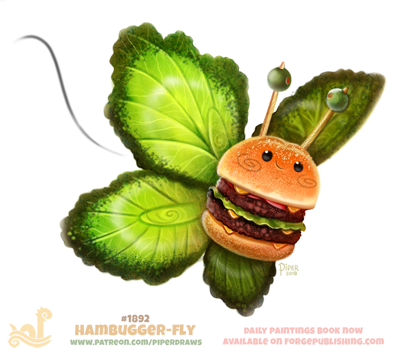 2018 artist_name black_eyes butterfly closed_mouth engrish flying food hamburger olive original piper_thibodeau ranguage salad simple_background smile solo toothpick watermark web_address white_background