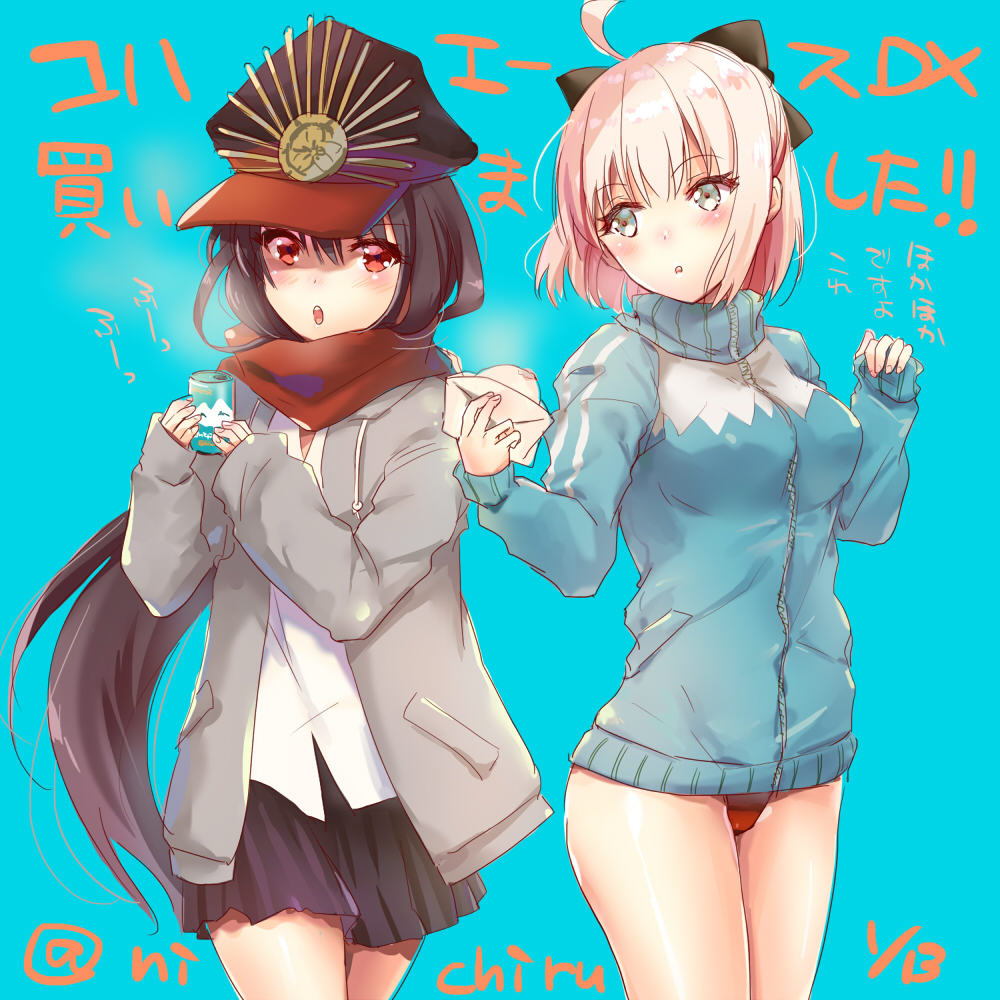 2girls :o adapted_costume ahoge alternate_costume background_text bangs black_bow black_hair black_hat black_skirt blonde_hair blue_background bow breasts can cowboy_shot drawstring fate_(series) food green_eyes grey_jacket hair_between_eyes hair_bow hat holding holding_food jacket koha-ace long_hair long_sleeves looking_to_the_side medium_breasts miniskirt multiple_girls nichiru no_pants oda_nobunaga_(fate) okita_souji_(fate) open_clothes open_jacket open_mouth parted_lips peaked_cap red_buruma red_eyes shiny shiny_skin shirt short_hair skirt sleeves_past_wrists soda_can standing thighs track_jacket translation_request turtleneck twitter_username very_long_hair white_shirt wrapper