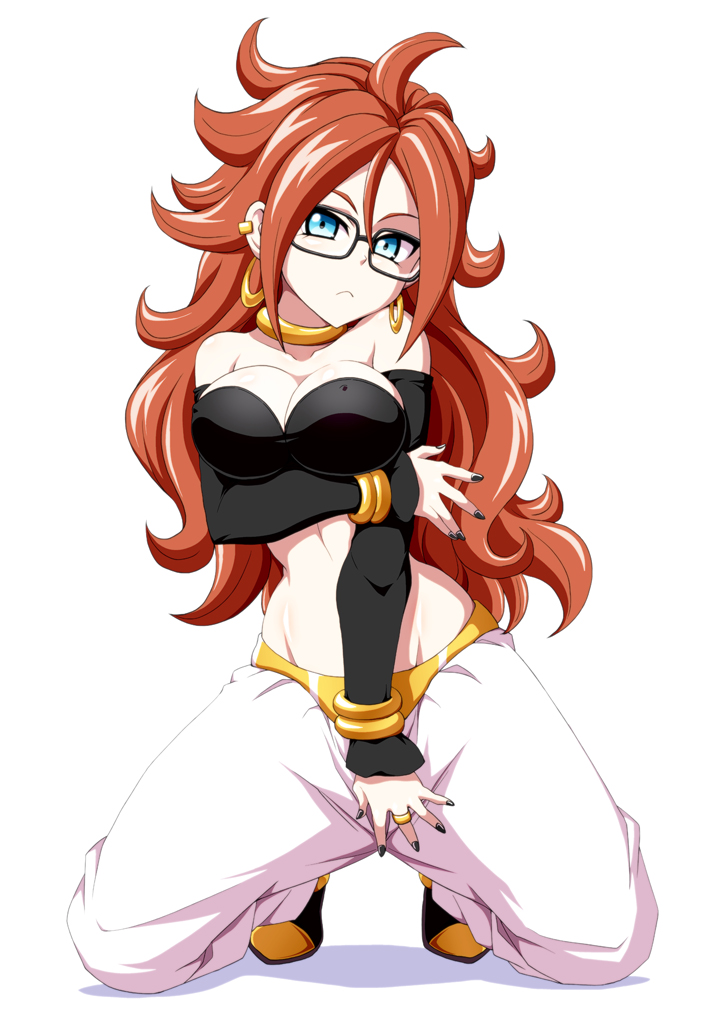 1girl :&lt; android_21 black_nails blue_eyes bracelet breasts brown_hair cleavage curly_hair detached_sleeves dragon_ball dragon_ball_fighterz earrings frown glasses harem_pants hoop_earrings jewelry kneeling long_hair looking_at_viewer nail_polish pants ring simple_background solo stomach very_long_hair white_background zetsumu