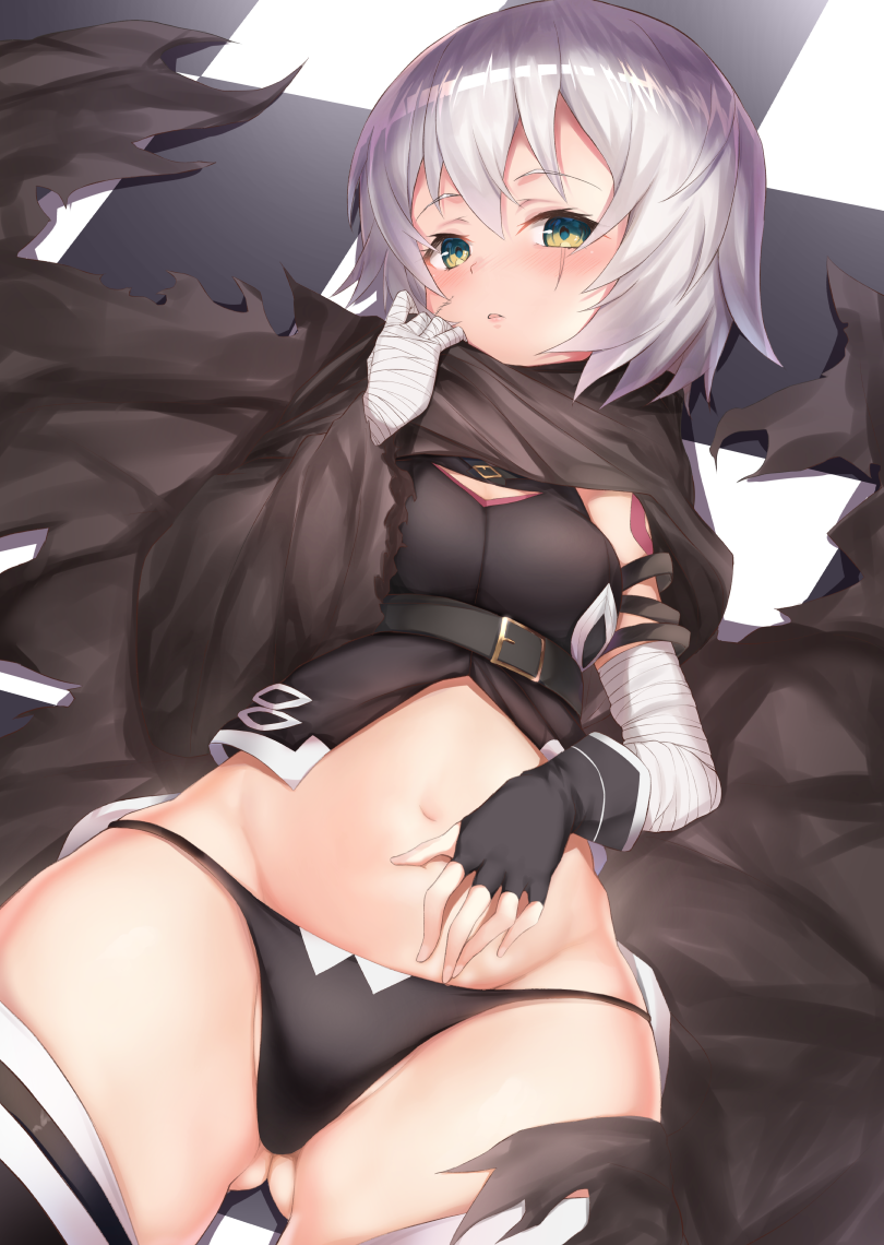 1girl bandage bandaged_arm belt_buckle black_belt black_gloves black_legwear black_panties blush breasts buckle checkered checkered_floor cloak eyebrows_visible_through_hair fate/apocrypha fate/grand_order fate_(series) fingerless_gloves gloves gluteal_fold green_eyes jack_(power_stone) jack_the_ripper_(fate/apocrypha) looking_at_viewer lying maosame navel no_pants on_back on_floor panties scar scar_across_eye short_hair silver_hair single_glove small_breasts solo tattoo thigh-highs underwear