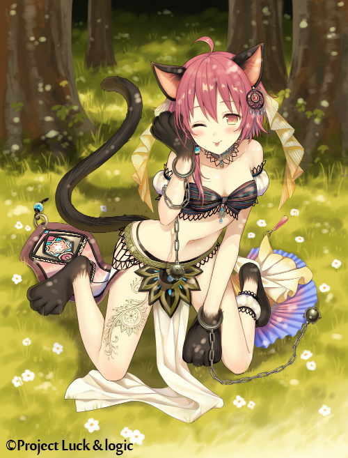 1girl ;p ahoge animal_ears bandeau bangs bare_shoulders blush brown_eyes cat_ears cat_girl cat_tail chains character_request closed_mouth collarbone day eyebrows_visible_through_hair forest full_body grass hair_between_eyes hina_logi_-_from_luck_&amp;_logic kneeling looking_at_viewer nature navel nina_alexandrovna official_art on_grass one_eye_closed outdoors paws pelvic_curtain puffy_short_sleeves puffy_sleeves redhead short_hair short_sleeves smile solo spike_ball tail tongue tongue_out tree yuuki_rika