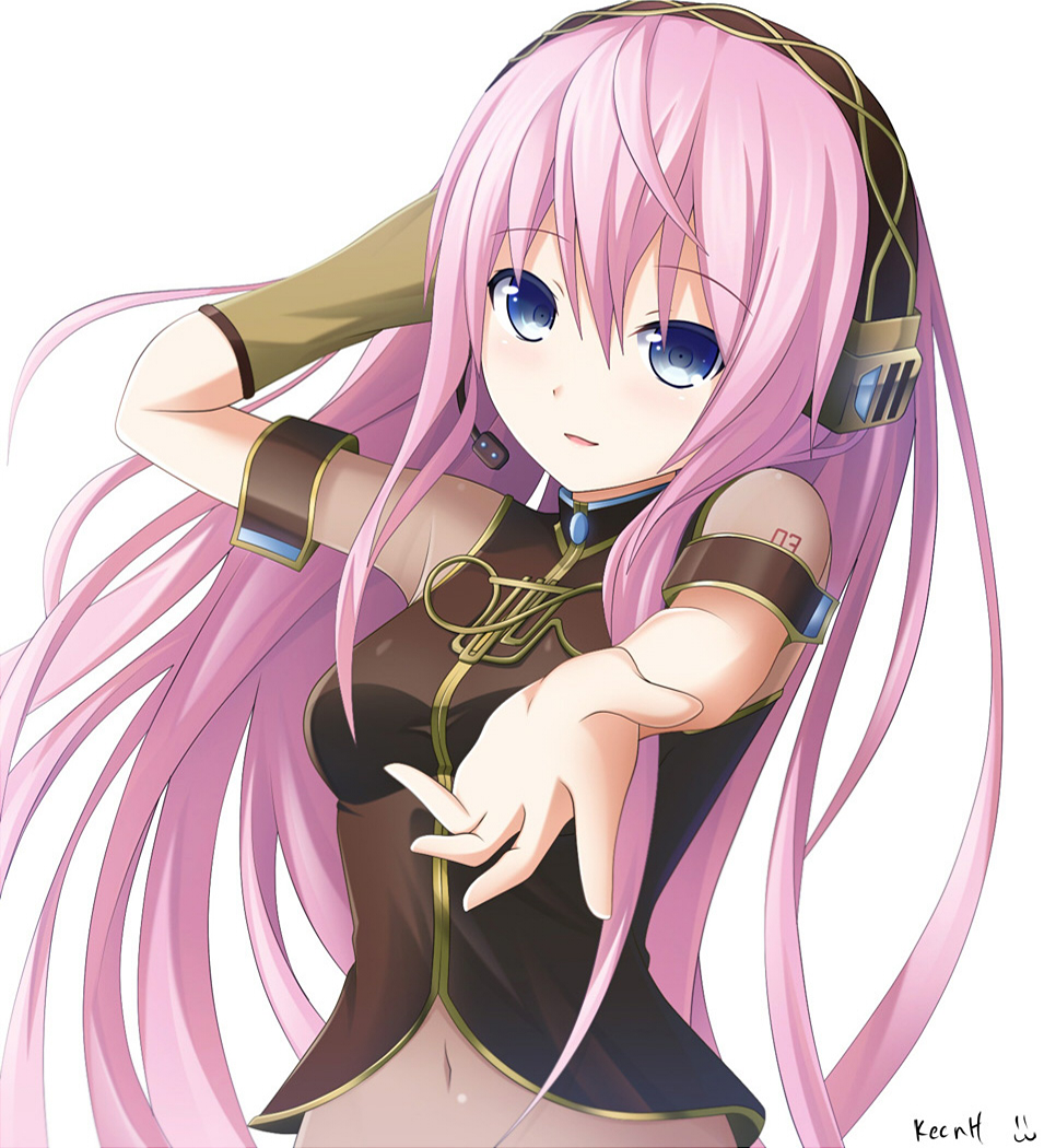 1girl blue_eyes blush hand_on_headphones hands headphones headset keenh long_hair megurine_luka navel open_mouth outstretched_arm outstretched_hand pink_hair reaching smile solo very_long_hair vocaloid