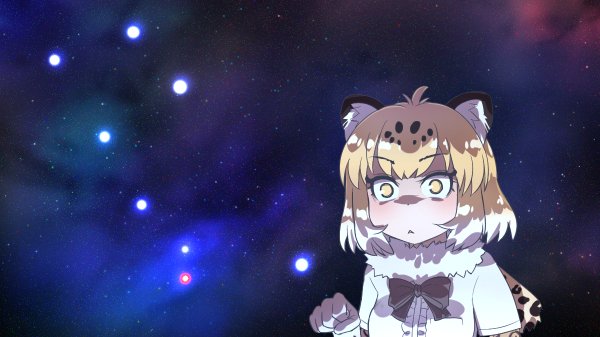 1girl :&lt; big_dipper black_neckwear blonde_hair bow bowtie commentary_request constellation fur_collar jaguar_(kemono_friends) jaguar_ears kemono_friends miyase_(artist115091) paw_pose short_hair solo space star starry_background upper_body wide-eyed yellow_eyes