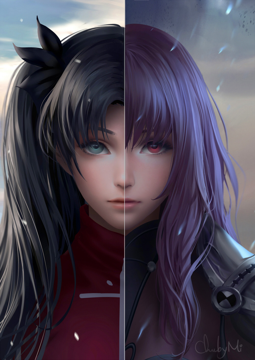 2girls armor black_hair blue_eyes chuby_mi close-up closed_mouth face fate/grand_order fate_(series) highres lips long_hair looking_at_viewer multiple_girls purple_hair red_eyes scathach_(fate/grand_order) shoulder_armor signature split_image tohsaka_rin two_side_up