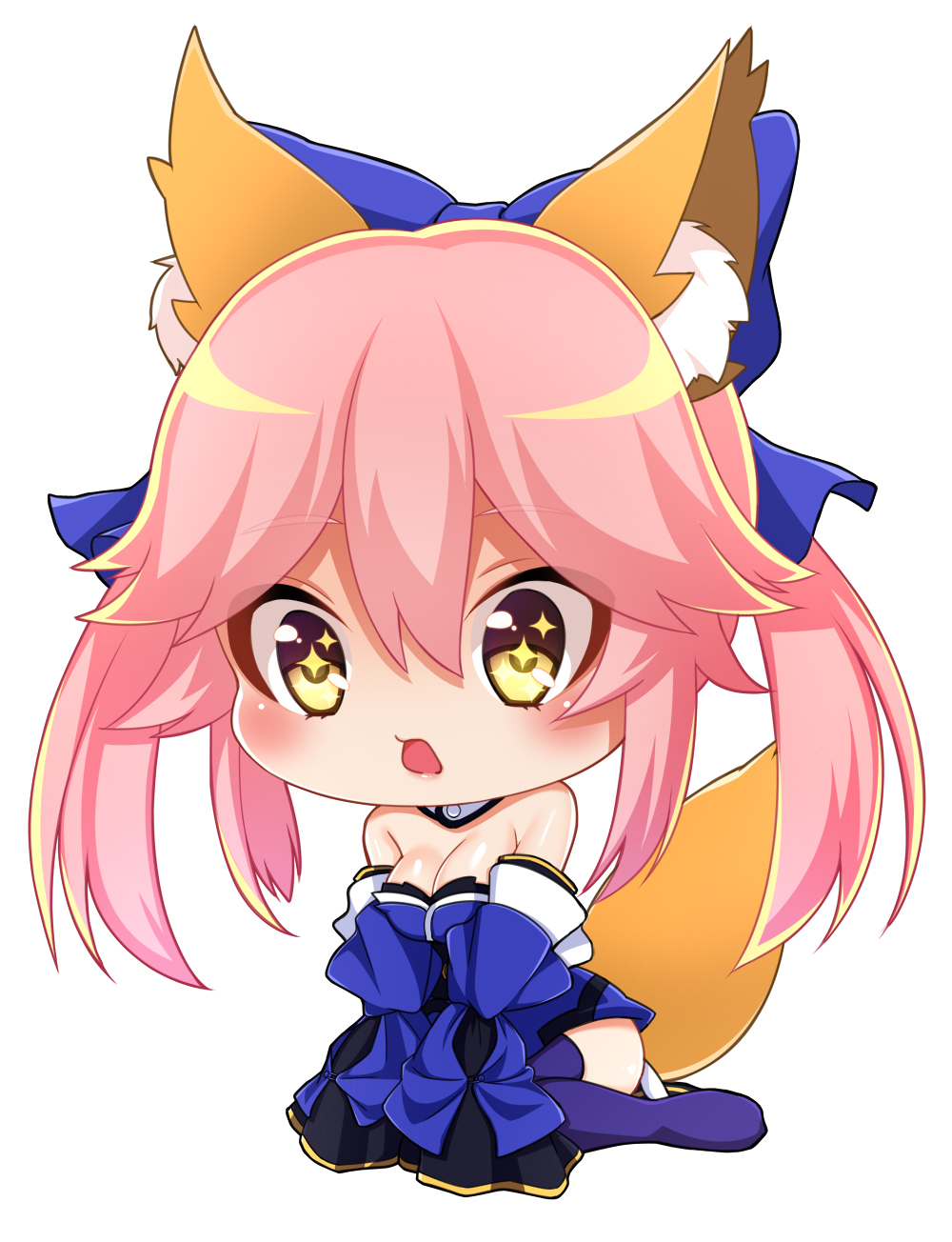 1girl animal_ears bare_shoulders blue_legwear blush breasts chibi cleavage commentary_request detached_sleeves fate/grand_order fate_(series) fox_ears fox_tail hair_ribbon highres japanese_clothes kashima_mashino large_breasts open_mouth pink_hair ribbon simple_background sitting solo star star-shaped_pupils symbol-shaped_pupils tail tamamo_(fate)_(all) tamamo_no_mae_(fate) white_background yellow_eyes